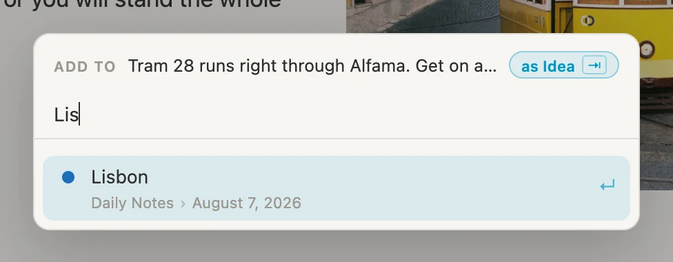 The destination picker, the chip now reading as Idea with a Tab key beside it