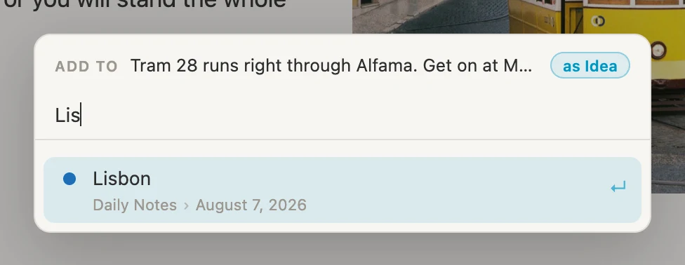 The destination picker, with Lisbon found and the as Idea chip showing