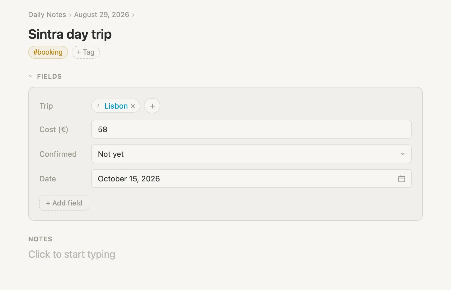 A booking note with its fields filled in, including Trip pointing at Lisbon