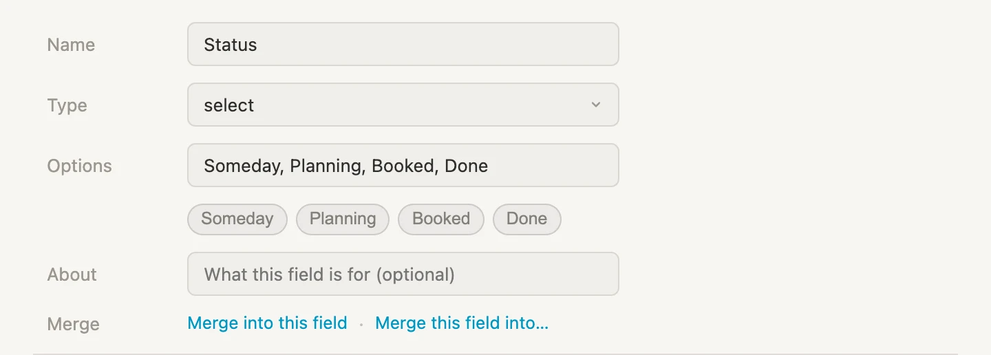 The Status field, a select with its four options