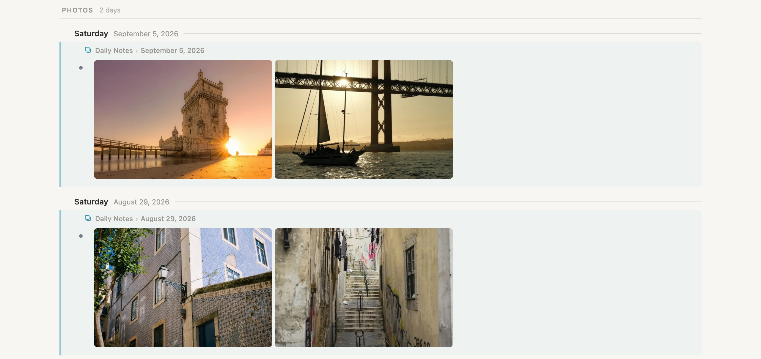 The Photos section: two Lisbon pictures sent on one day, two more on another