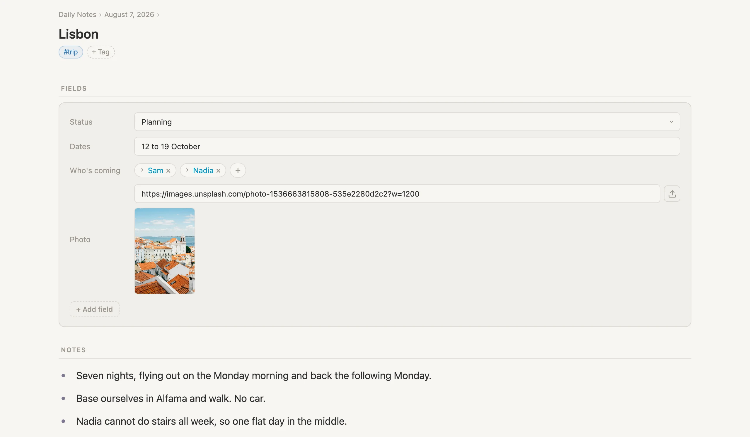 The top of the Lisbon page: its fields, a cover photo, and the notes typed on it