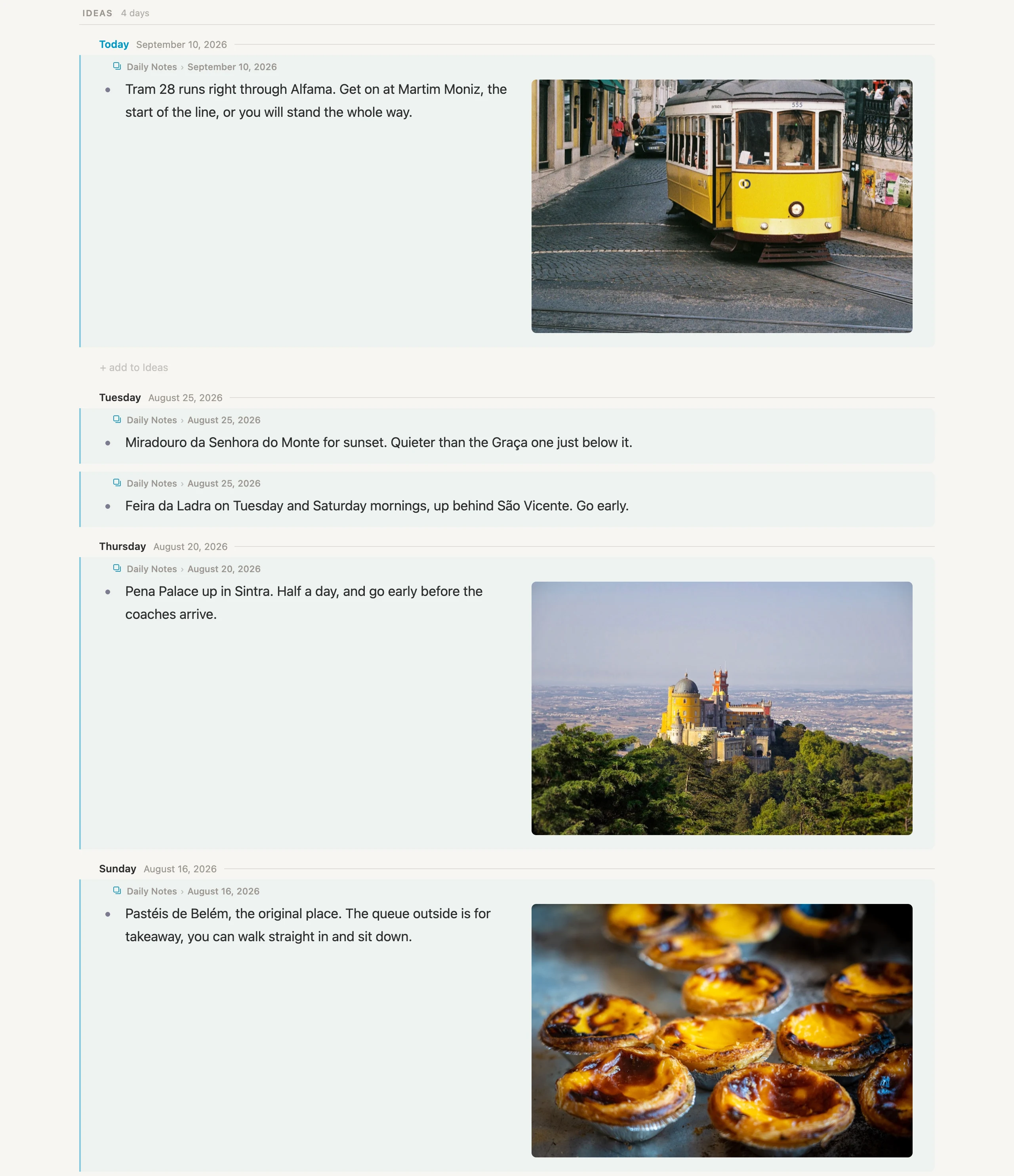 The Ideas section, five entries across four days, three of them with photos