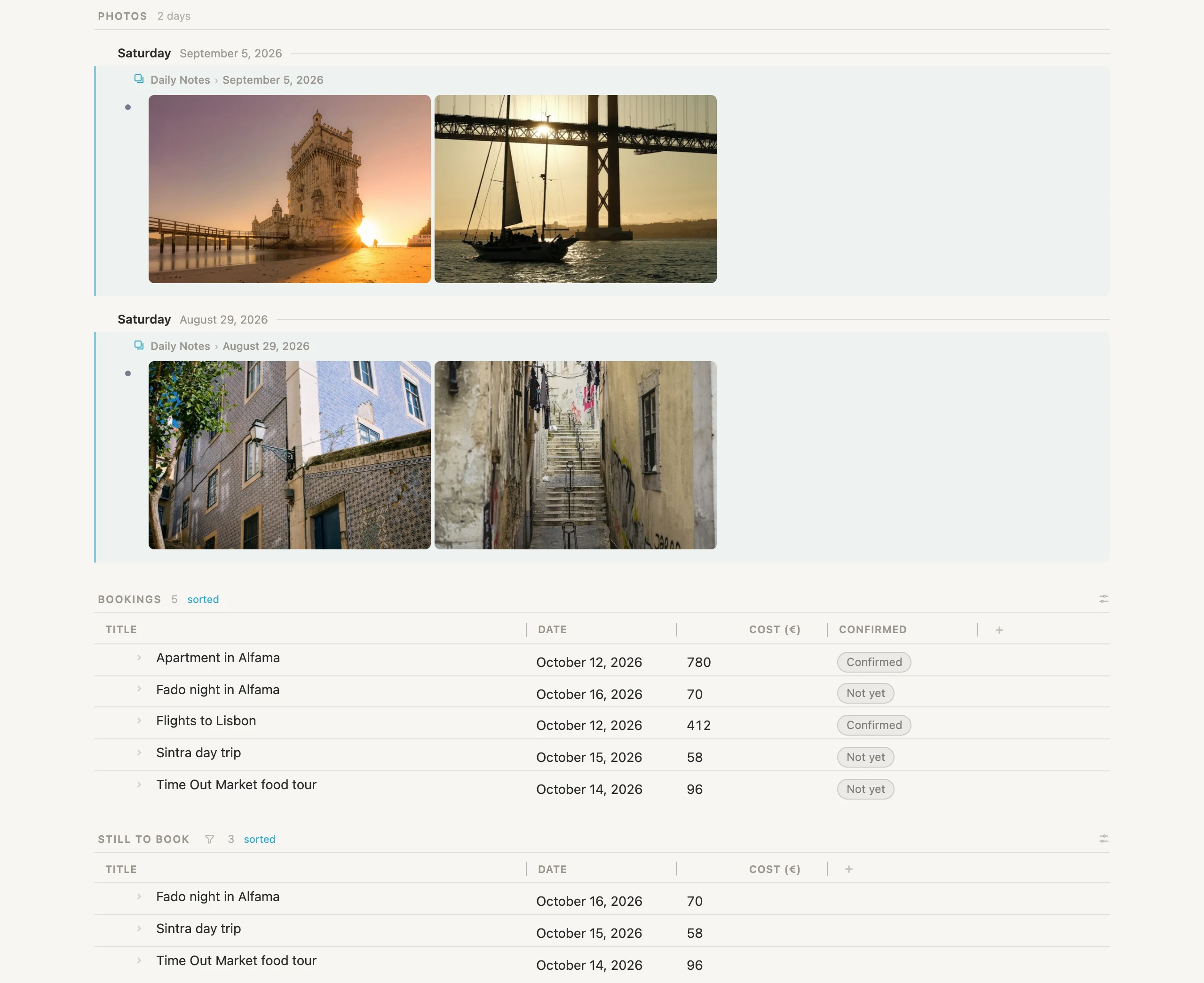 The Photos album, then the Bookings table, then the Still to book table