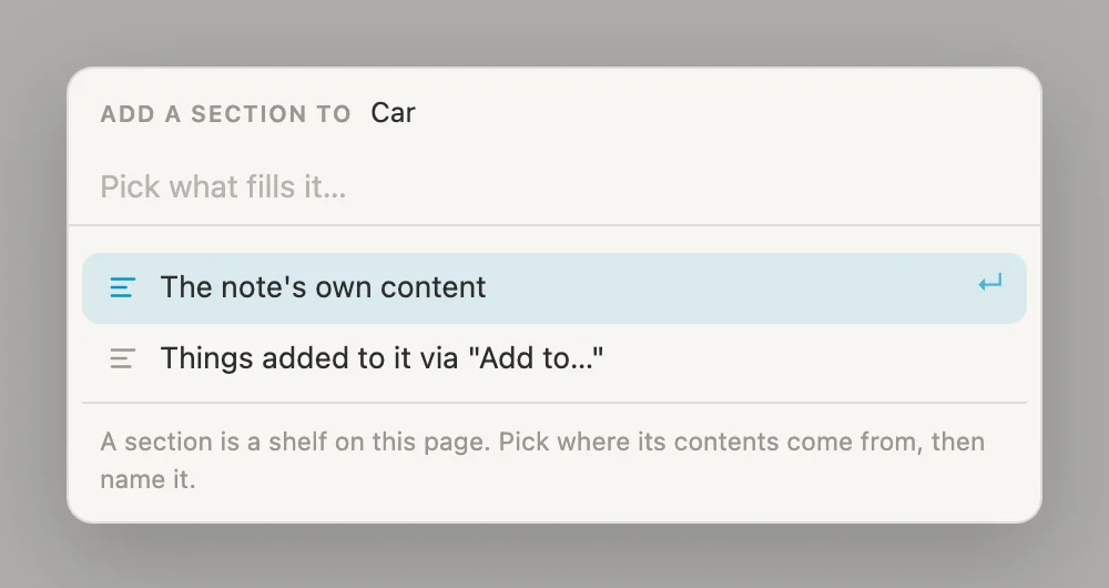 The Add a section menu for Car: The note's own content, or Things added to it via Add to