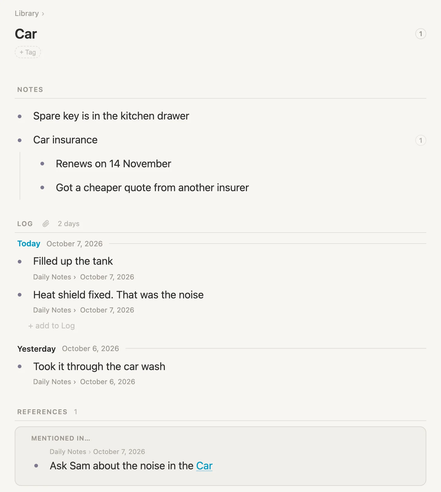 The finished Car page: Notes that live under the car, a Log of lines added from daily notes, and a References box