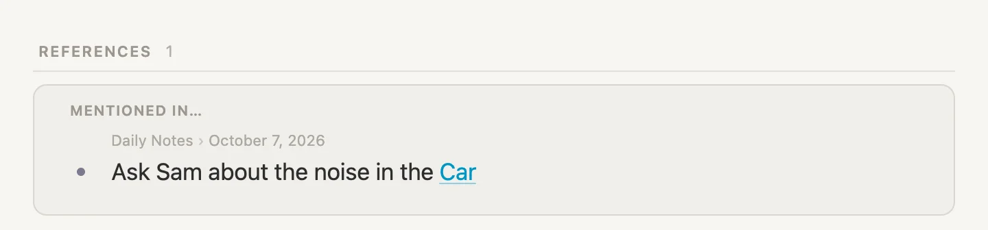 Car's References: Mentioned in, Daily Notes, October 7, 2026, Ask Sam about the noise in the Car