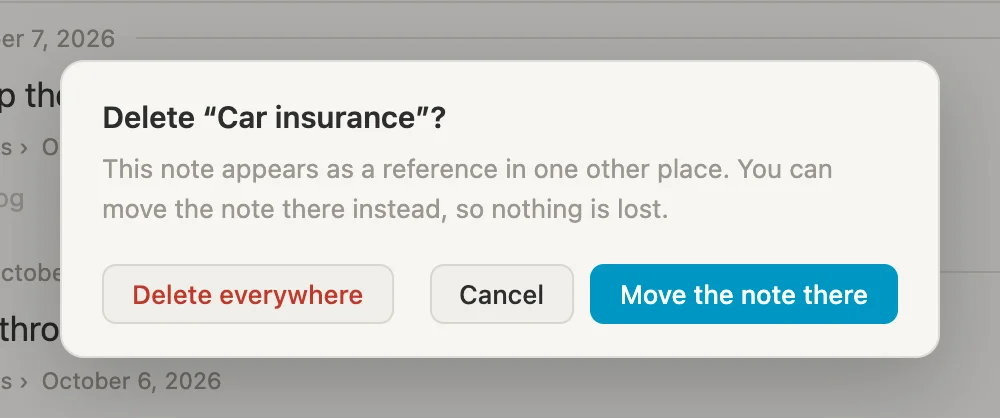 Delete Car insurance? This note appears as a reference in one other place. You can move the note there instead, so nothing is lost. Delete everywhere, Cancel, Move the note there