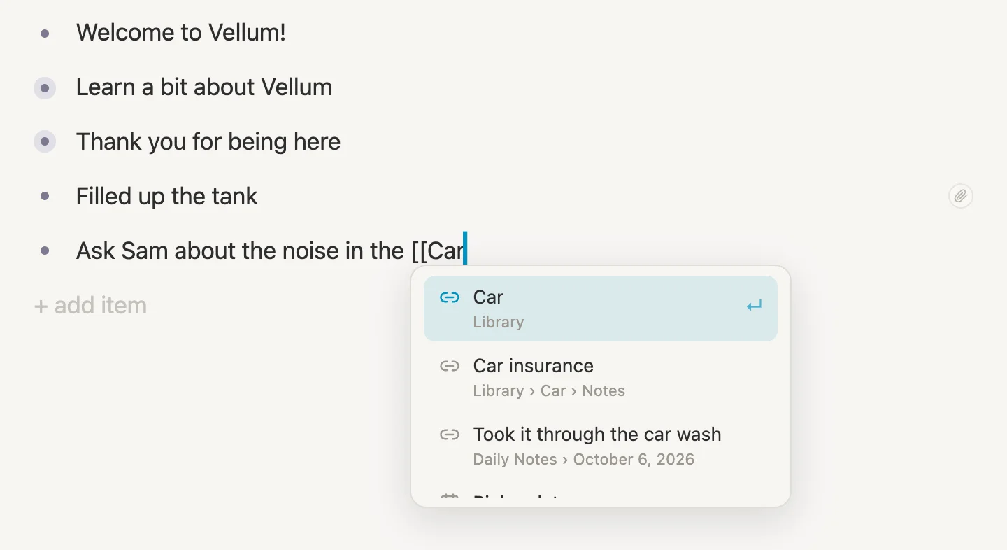 Typing Ask Sam about the noise in the, then two square brackets and Car, with a list offering Car from the Library, Car insurance and Took it through the car wash