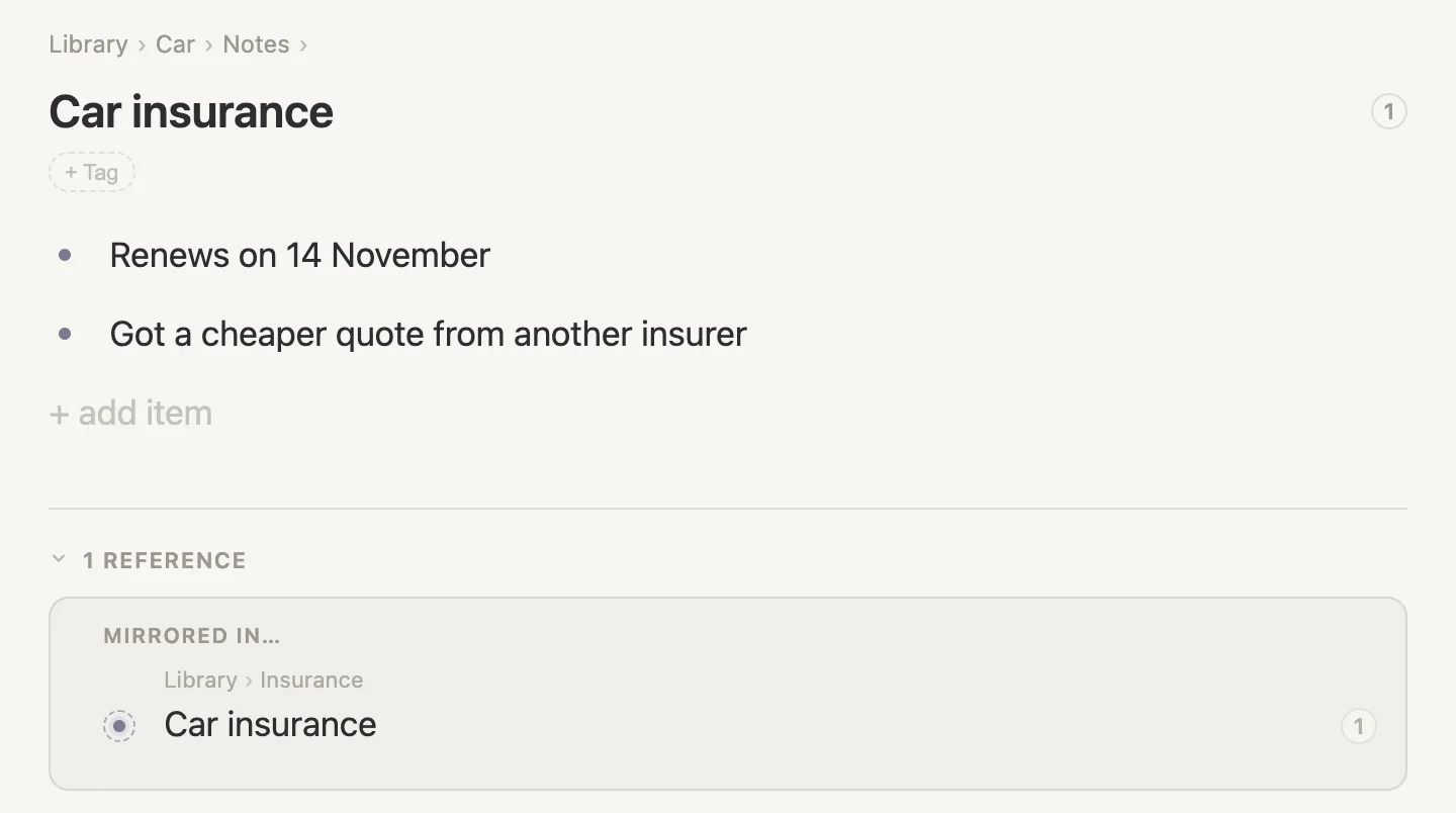 Car insurance on its own page: Library, Car and Notes above the title, its two lines, and a References box with Mirrored in, Library, Insurance