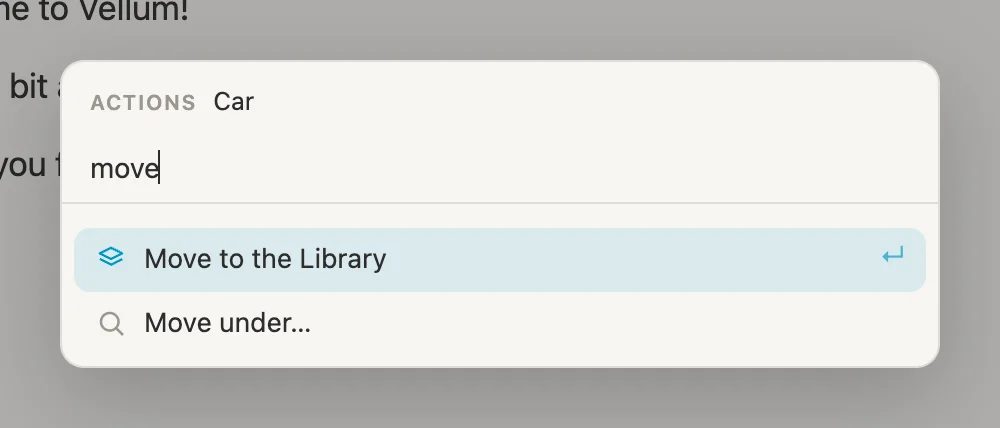 The Cmd-K menu for Car, narrowed to Move to the Library and Move under